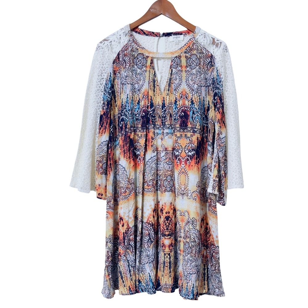 Umgee Women Paisley Lace Back Bell‎ Sleeve Boho Mini Dress M Babydoll Western